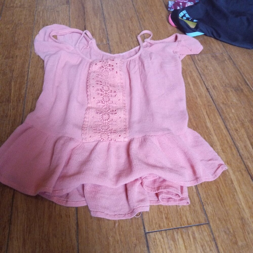 Coral pink ruffle hem top crochet lace open shoulder